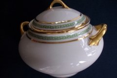 PORCELAINE LIMOUSINE/MARTIAL REDON GREEN GREEK KEY-  COVERED SUGAR BOWL   ..... http://jaapiesfinechinastore.com