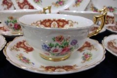 REGENCY FLORAL SPRAYS, MAROON & TAN CARTOUCHE-  CUP & SAUCER   .....   http://jaapiesfinechinastore.com