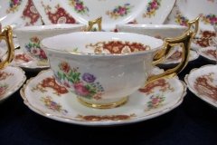 REGENCY FLORAL SPRAYS, MAROON & TAN CARTOUCHE-  CUP & SAUCER   .....   http://jaapiesfinechinastore.com