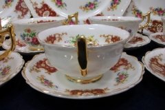 REGENCY FLORAL SPRAYS, MAROON & TAN CARTOUCHE-  CUP & SAUCER   .....   http://jaapiesfinechinastore.com