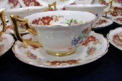 REGENCY FLORAL SPRAYS, MAROON & TAN CARTOUCHE-  CUP & SAUCER   .....   http://jaapiesfinechinastore.com