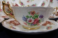REGENCY FLORAL SPRAYS, MAROON & TAN CARTOUCHE-  CUP & SAUCER   .....   http://jaapiesfinechinastore.com