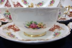REGENCY FLORAL SPRAYS, MAROON & TAN CARTOUCHE-  CUP & SAUCER   .....   http://jaapiesfinechinastore.com