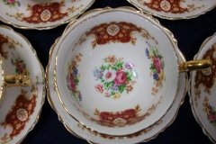 REGENCY FLORAL SPRAYS, MAROON & TAN CARTOUCHE-  CUP & SAUCER   .....   http://jaapiesfinechinastore.com