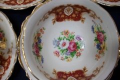 REGENCY FLORAL SPRAYS, MAROON & TAN CARTOUCHE-  CUP & SAUCER   .....   http://jaapiesfinechinastore.com