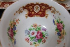 REGENCY FLORAL SPRAYS, MAROON & TAN CARTOUCHE-  CUP & SAUCER   .....   http://jaapiesfinechinastore.com