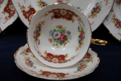 REGENCY FLORAL SPRAYS, MAROON & TAN CARTOUCHE-  CUP & SAUCER   .....   https://www.jaapiesfinechinastore.com