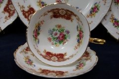 REGENCY FLORAL SPRAYS, MAROON & TAN CARTOUCHE-  CUP & SAUCER   .....   http://jaapiesfinechinastore.com