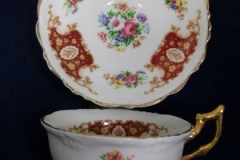 REGENCY FLORAL SPRAYS, MAROON & TAN CARTOUCHE-  CUP & SAUCER   .....   https://www.jaapiesfinechinastore.com