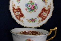 REGENCY FLORAL SPRAYS, MAROON & TAN CARTOUCHE-  CUP & SAUCER   .....   http://jaapiesfinechinastore.com