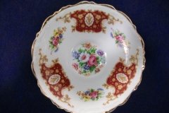 REGENCY FLORAL SPRAYS, MAROON & TAN CARTOUCHE-  CUP & SAUCER   .....   http://jaapiesfinechinastore.com