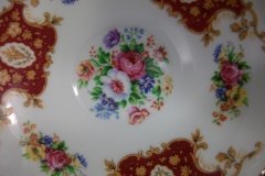 REGENCY FLORAL SPRAYS, MAROON & TAN CARTOUCHE-  CUP & SAUCER   .....   http://jaapiesfinechinastore.com