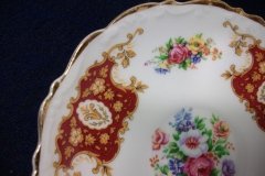 REGENCY FLORAL SPRAYS, MAROON & TAN CARTOUCHE-  CUP & SAUCER   .....   http://jaapiesfinechinastore.com