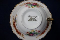 REGENCY FLORAL SPRAYS, MAROON & TAN CARTOUCHE-  CUP & SAUCER   .....   http://jaapiesfinechinastore.com