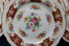 REGENCY FLORAL SPRAYS, MAROON & TAN CARTOUCHE-  SALAD PLATE  8 3/4"   .....   http://jaapiesfinechinastore.com