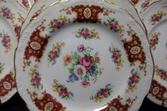 REGENCY FLORAL SPRAYS, MAROON & TAN CARTOUCHE-  SALAD PLATE  8 3/4"   .....   http://jaapiesfinechinastore.com