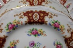 REGENCY FLORAL SPRAYS, MAROON & TAN CARTOUCHE-  SALAD PLATE  8 3/4"   .....   http://jaapiesfinechinastore.com
