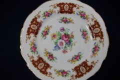 REGENCY FLORAL SPRAYS, MAROON & TAN CARTOUCHE-  SALAD PLATE  8 3/4"   .....   http://jaapiesfinechinastore.com