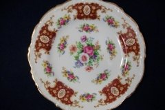 REGENCY FLORAL SPRAYS, MAROON & TAN CARTOUCHE-  DESSERT/ PIE PLATE 7 7/8"   .....   http://jaapiesfinechinastore.com