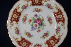 REGENCY FLORAL SPRAYS, MAROON & TAN CARTOUCHE-  DESSERT/ PIE PLATE 7 7/8"   .....   http://jaapiesfinechinastore.com