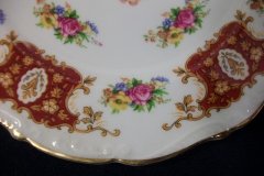 REGENCY FLORAL SPRAYS, MAROON & TAN CARTOUCHE-  DESSERT/ PIE PLATE 7 7/8"   .....   http://jaapiesfinechinastore.com