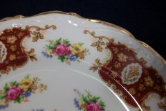 REGENCY FLORAL SPRAYS, MAROON & TAN CARTOUCHE-  DESSERT/ PIE PLATE 7 7/8"   .....   http://jaapiesfinechinastore.com