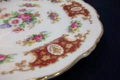 REGENCY FLORAL SPRAYS, MAROON & TAN CARTOUCHE-  DESSERT/ PIE PLATE 7 7/8"   .....   http://jaapiesfinechinastore.com