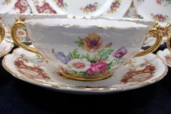 REGENCY FLORAL SPRAYS, MAROON & TAN CARTOUCHE-  SOUP BOWL & SAUCER   .....   http://jaapiesfinechinastore.com