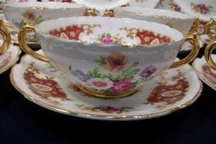 REGENCY FLORAL SPRAYS, MAROON & TAN CARTOUCHE-  SOUP BOWL & SAUCER   .....   http://jaapiesfinechinastore.com