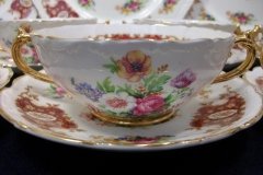 REGENCY FLORAL SPRAYS, MAROON & TAN CARTOUCHE-  SOUP BOWL & SAUCER   .....   http://jaapiesfinechinastore.com