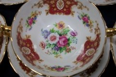 REGENCY FLORAL SPRAYS, MAROON & TAN CARTOUCHE-  SOUP BOWL & SAUCER   .....   http://jaapiesfinechinastore.com