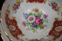 REGENCY FLORAL SPRAYS, MAROON & TAN CARTOUCHE-  SOUP BOWL & SAUCER   .....   http://jaapiesfinechinastore.com