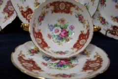 REGENCY FLORAL SPRAYS, MAROON & TAN CARTOUCHE-  SOUP BOWL & SAUCER   .....   https://www.jaapiesfinechinastore.com