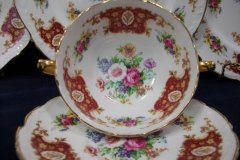 REGENCY FLORAL SPRAYS, MAROON & TAN CARTOUCHE-  SOUP BOWL & SAUCER   .....   http://jaapiesfinechinastore.com