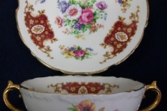 REGENCY FLORAL SPRAYS, MAROON & TAN CARTOUCHE-  SOUP BOWL & SAUCER   .....   https://www.jaapiesfinechinastore.com