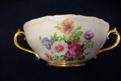 REGENCY FLORAL SPRAYS, MAROON & TAN CARTOUCHE-  SOUP BOWL & SAUCER   .....   https://www.jaapiesfinechinastore.com