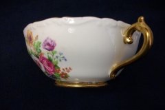 REGENCY FLORAL SPRAYS, MAROON & TAN CARTOUCHE-  SOUP BOWL & SAUCER   .....   http://jaapiesfinechinastore.com