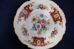 REGENCY FLORAL SPRAYS, MAROON & TAN CARTOUCHE-  SOUP BOWL & SAUCER   .....   http://jaapiesfinechinastore.com