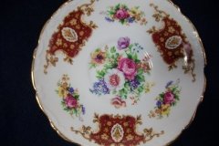 REGENCY FLORAL SPRAYS, MAROON & TAN CARTOUCHE-  SOUP BOWL & SAUCER   .....   http://jaapiesfinechinastore.com