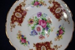 REGENCY FLORAL SPRAYS, MAROON & TAN CARTOUCHE-  SOUP BOWL & SAUCER   .....   http://jaapiesfinechinastore.com