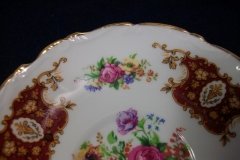 REGENCY FLORAL SPRAYS, MAROON & TAN CARTOUCHE-  SOUP BOWL & SAUCER   .....   http://jaapiesfinechinastore.com