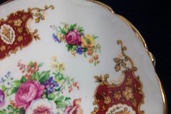 REGENCY FLORAL SPRAYS, MAROON & TAN CARTOUCHE-  SOUP BOWL & SAUCER   .....   http://jaapiesfinechinastore.com
