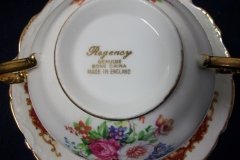 REGENCY FLORAL SPRAYS, MAROON & TAN CARTOUCHE-  SOUP BOWL & SAUCER   .....   http://jaapiesfinechinastore.com