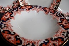 ROYAL CROWN DERBY #3973 IMARI- ORANGE/COBALT SCROLLS-  LARGE RIM SOUP BOWLS  10  3/8"   .....   http://jaapiesfinechinastore.com