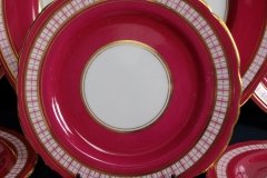 AYNSLEY #7228- RASPBERRY RED BODY, PLAID BAND, SCALLOPED, GILT -  AYNSLEY #7228 PLAID-  BREAD & BUTTER PLATE   .....   http://jaapiesfinechinastore.com