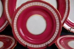 AYNSLEY #7228- RASPBERRY RED BODY, PLAID BAND, SCALLOPED, GILT -  AYNSLEY #7228 PLAID-  BREAD & BUTTER PLATE   .....   http://jaapiesfinechinastore.com