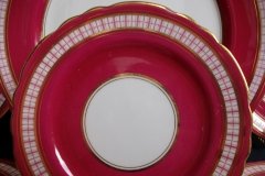 AYNSLEY #7228- RASPBERRY RED BODY, PLAID BAND, SCALLOPED, GILT -  AYNSLEY #7228 PLAID-  BREAD & BUTTER PLATE   .....   http://jaapiesfinechinastore.com