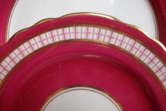 AYNSLEY #7228- RASPBERRY RED BODY, PLAID BAND, SCALLOPED, GILT -  AYNSLEY #7228 PLAID-  BREAD & BUTTER PLATE   .....   http://jaapiesfinechinastore.com