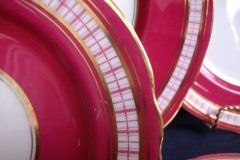 AYNSLEY #7228- RASPBERRY RED BODY, PLAID BAND, SCALLOPED, GILT -  AYNSLEY #7228 PLAID-  BREAD & BUTTER PLATE   .....   http://jaapiesfinechinastore.com