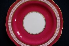 AYNSLEY #7228- RASPBERRY RED BODY, PLAID BAND, SCALLOPED, GILT -  AYNSLEY #7228 PLAID-  BREAD & BUTTER PLATE   .....   http://jaapiesfinechinastore.com